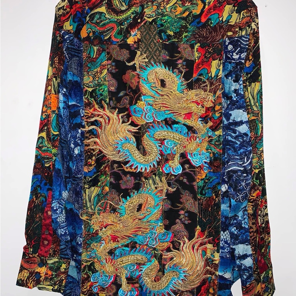 Robert Graham Multicolor Dragon Print Button-Down Shirt with Blue Accents
